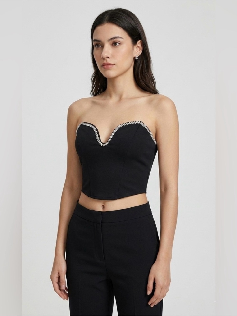 Commense Rhinestone Trim Black Corset Crop Top